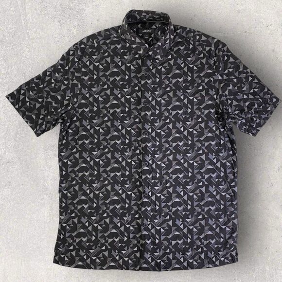 Alfani Shirt Mens Large Black Grey Geometric Button Up Short Sleeve Casual - Picture 1 of 10